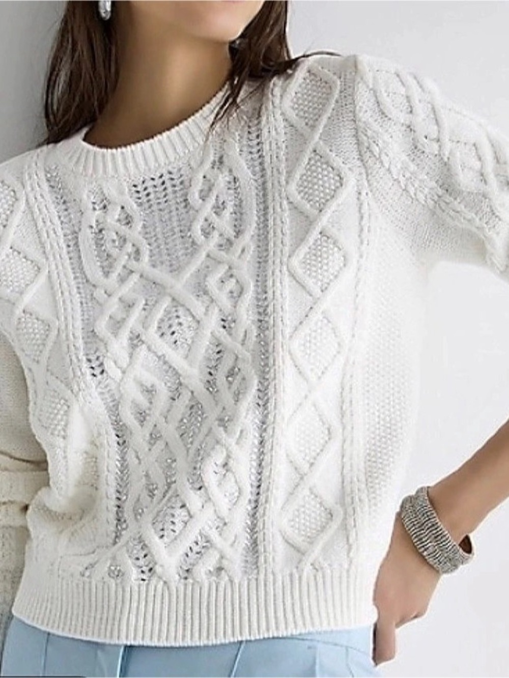 J.Crew Cable-knit crewneck sweater with crystals Embellished Crewneck